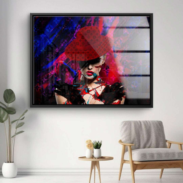 Modernes Wandbild mit Frau in rotem Hut, Pop Art Stil, abstrakte Farbakzente auf Leinwand