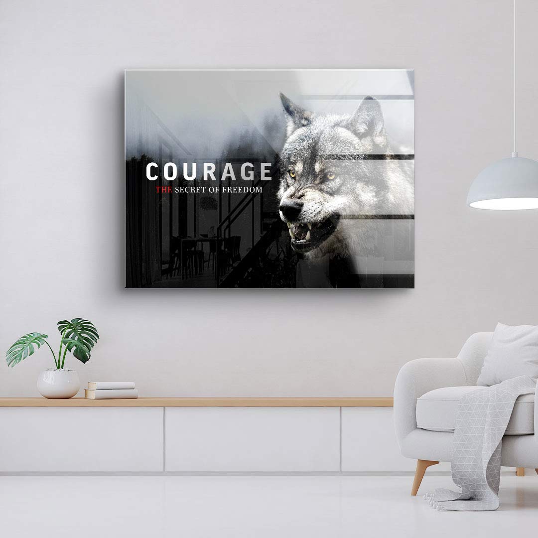 Leinwandbild Wolf mit Text Courage The Secret of Freedom im modernen Wohnzimmer