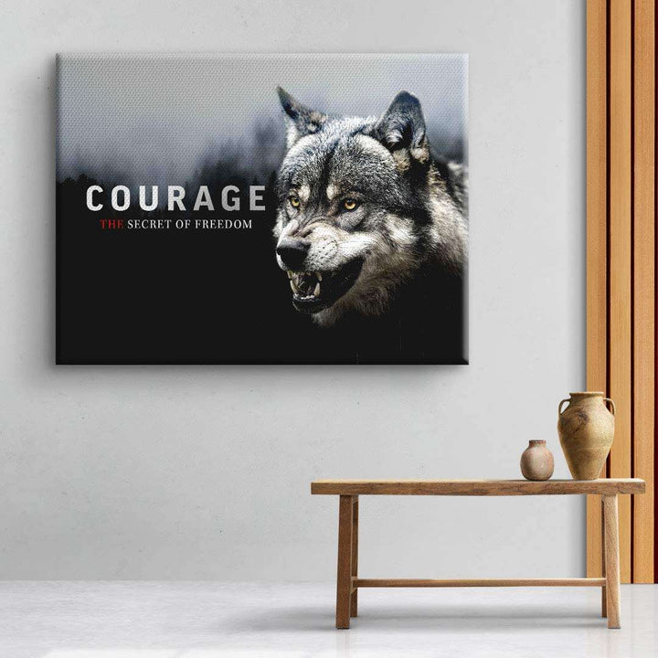 Leinwandbild Wolf mit Text Courage The Secret of Freedom, moderne Wanddekoration im Wohnzimmer
