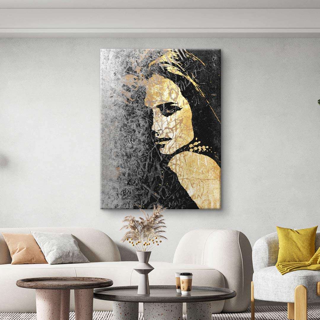 Modernes Wandbild im Wohnzimmer, gold-schwarzes Porträt Frau, abstrakte Kunst Leinwand