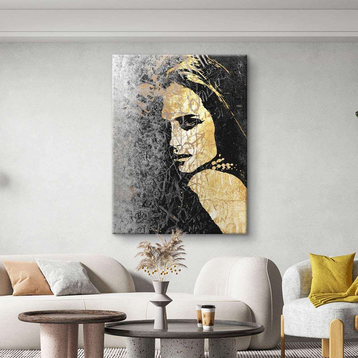 Modernes Wandbild im Wohnzimmer, gold-schwarzes Porträt Frau, abstrakte Kunst Leinwand