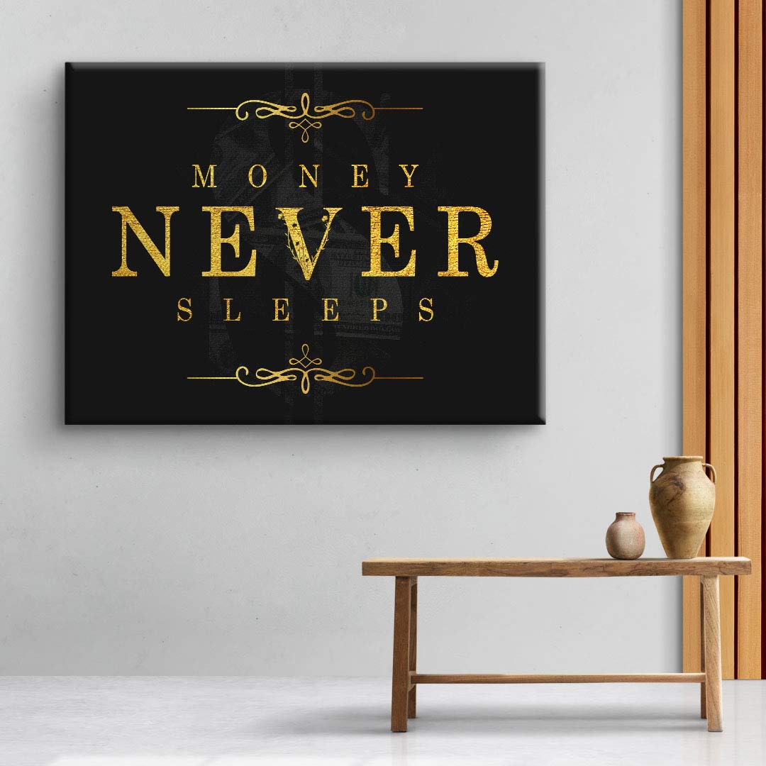 Modernes Wandbild mit goldener Aufschrift Money Never Sleeps auf schwarzem Hintergrund, Wohnzimmer-Deko
