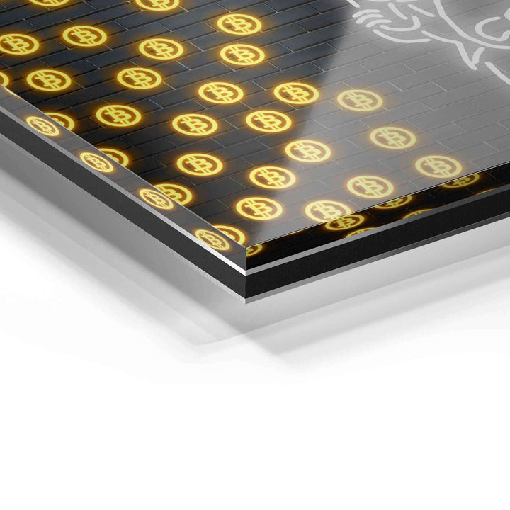 Detailaufnahme Acrylglas-Wandbild mit gelben Dollarzeichen auf schwarzer Backsteinoptik
