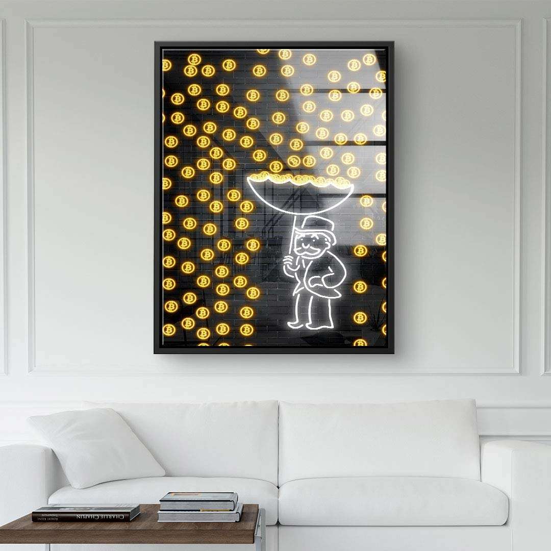 Modernes Wandbild mit leuchtenden Bitcoin-Symbolen und Cartoon-Mann mit Schirm im Wohnzimmer