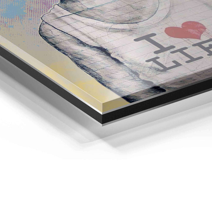 Detailaufnahme Acrylglas-Wandbild mit Pop Art Motiv und moderner Illustration, Text 'I love life'