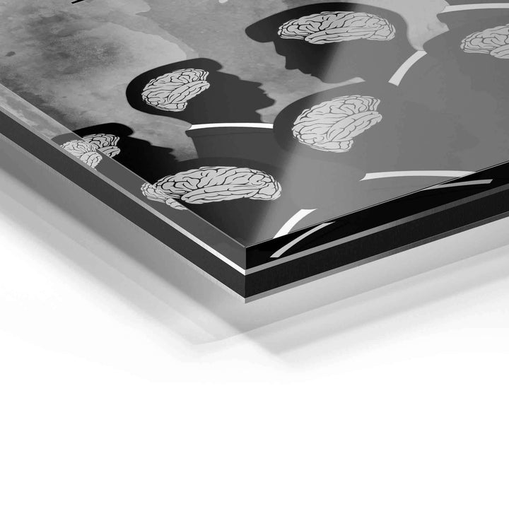 Detailaufnahme Acrylglas Wandbild mit schwarzen Silhouetten und Gehirnmotiven, modern