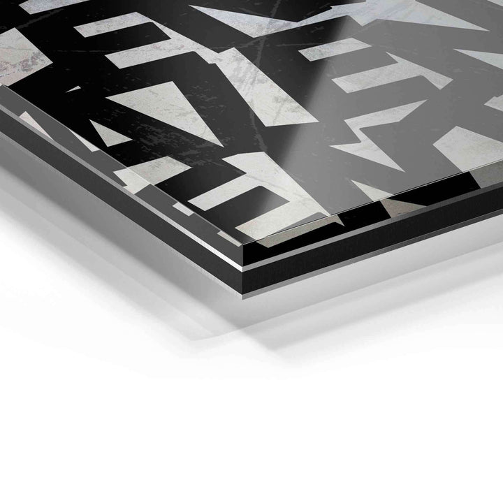 Detailaufnahme Acrylglas Wandbild, abstrakte schwarz-weiße Motivationskunst, glänzende Oberfläche
