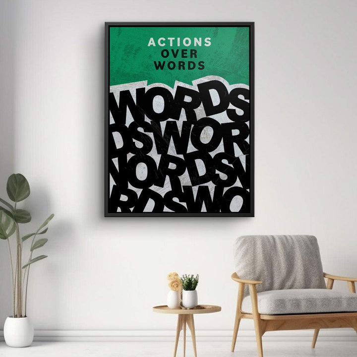 Modernes Wandbild mit Schriftzug 'Actions over Words' in grün, schwarz und weiß, skandinavische Wohnraumdeko