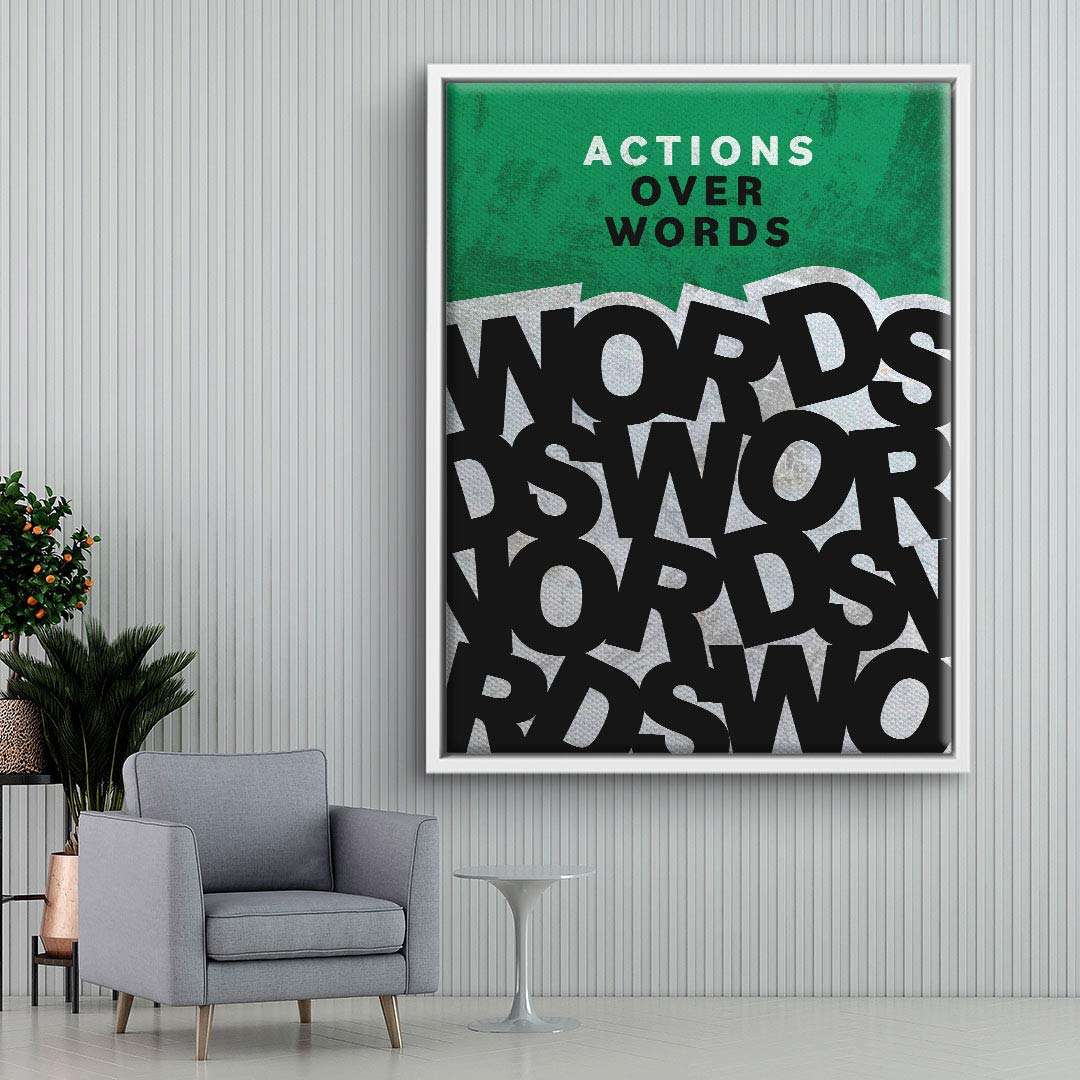 Modernes Wandbild mit dem Text 'Actions over Words', grün-schwarzes Typografie-Design, Wohnzimmerdeko