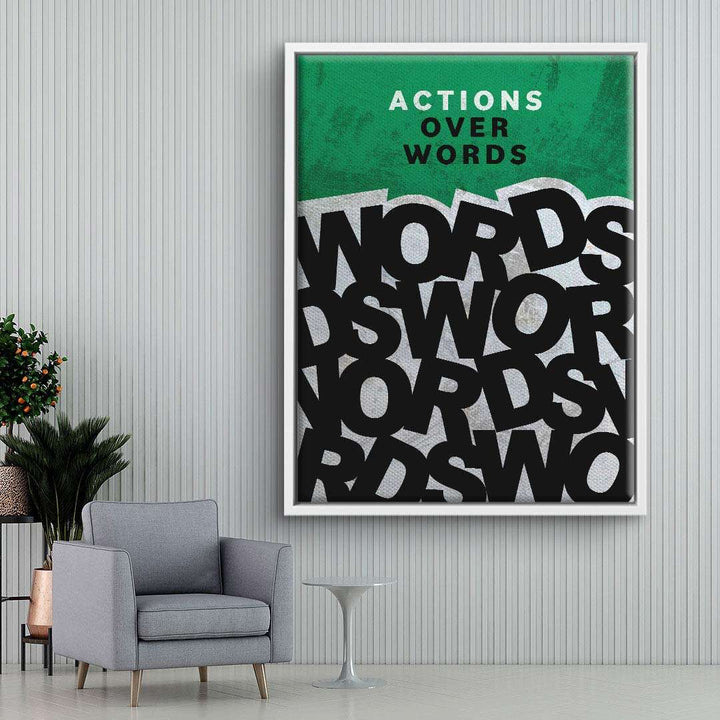 Modernes Wandbild mit dem Text 'Actions over Words', grün-schwarzes Typografie-Design, Wohnzimmerdeko
