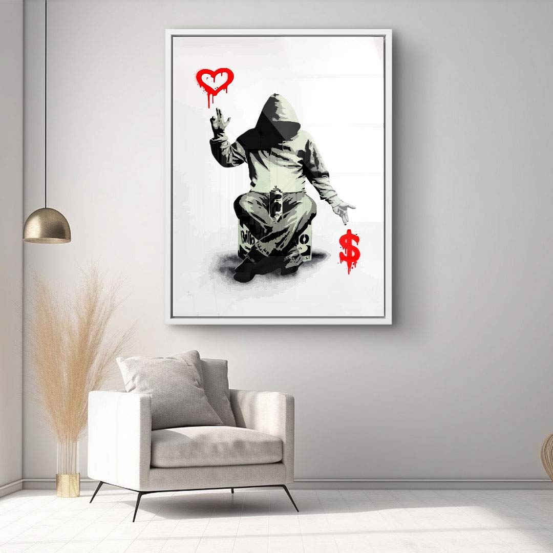 Modernes Wandbild mit Kapuzenfigur, rotem Herz und Dollarzeichen, Kunst Wohnzimmer