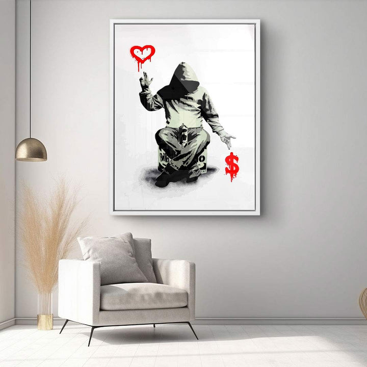 Modernes Wandbild mit Kapuzenfigur, rotem Herz und Dollarzeichen, Kunst Wohnzimmer