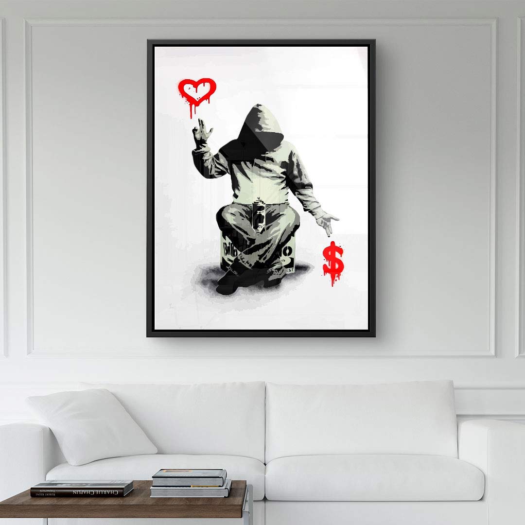 Modernes Wandbild mit Kapuzenfigur, rotem Herz und Dollarzeichen im Streetart-Stil