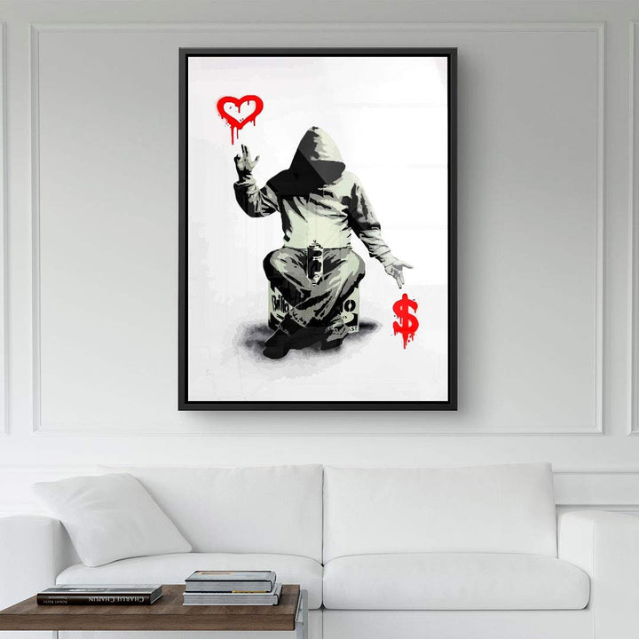 Modernes Wandbild mit Kapuzenfigur, rotem Herz und Dollarzeichen im Streetart-Stil