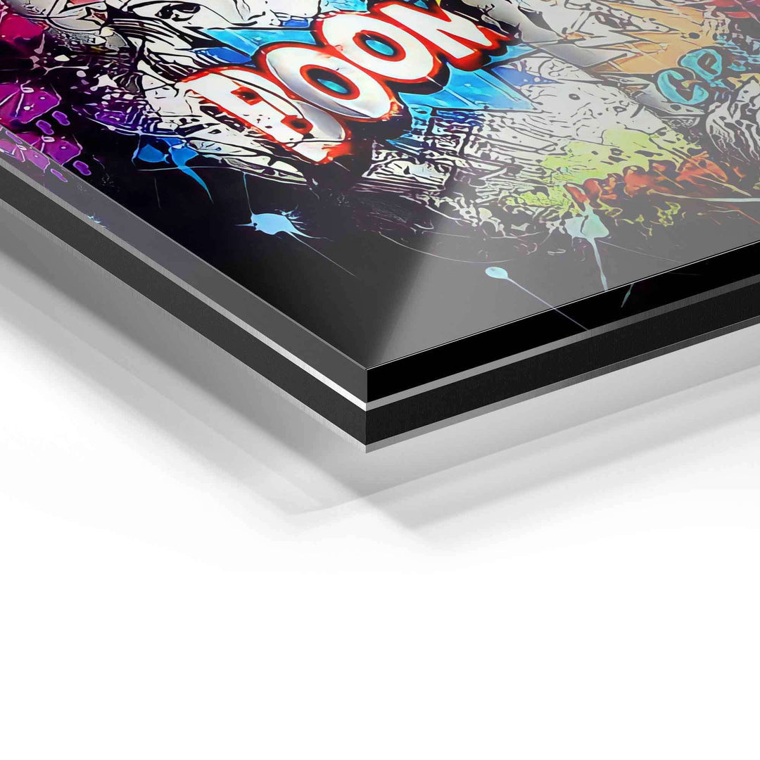 Detailansicht Acrylglas Wandbild mit bunter Comic Pop Art und dem Schriftzug Boom