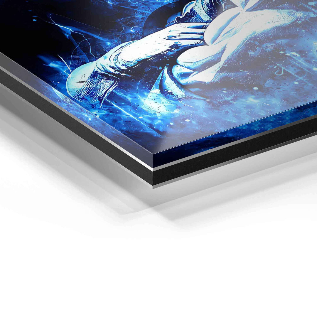 Detailansicht Acrylglas Wandbild mit blauem abstrakten Motiv in moderner Galerie-Optik