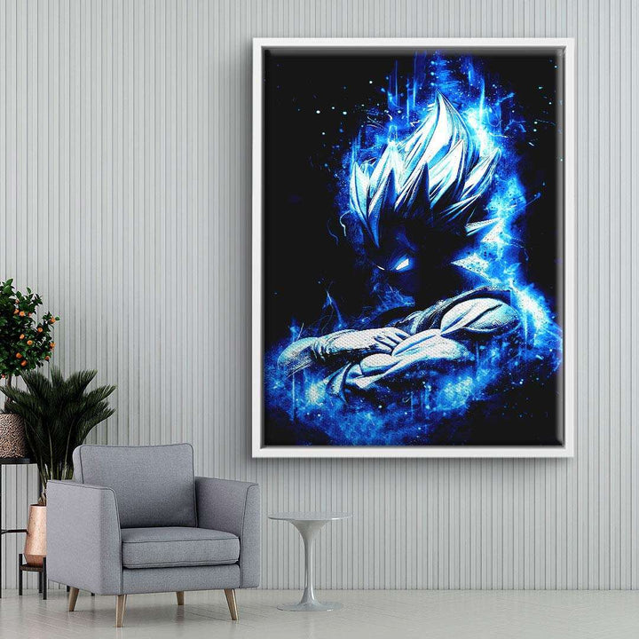 Modernes Wandbild mit blauer Anime-Figur, leuchtende Energie, Pop Art Stil, Wohnzimmerdeko