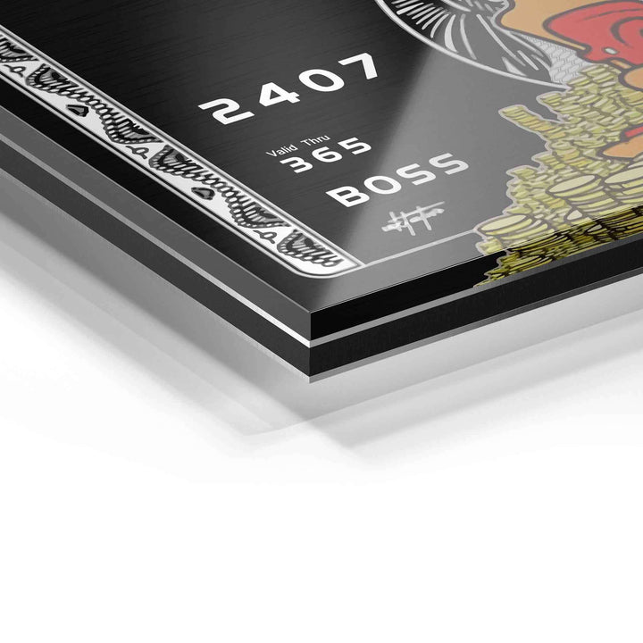 Detailansicht eines modernen Acrylglas-Wandbilds mit Geldmotiv und Kartendesign