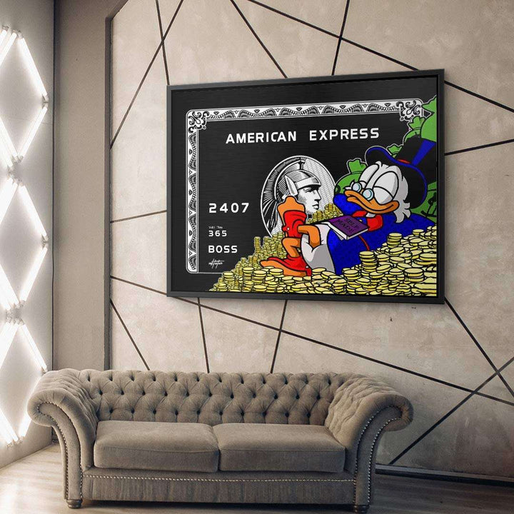 Modernes Wandbild im Wohnzimmer, Comic-Motiv mit Geldscheinen auf Kreditkarte-Design.