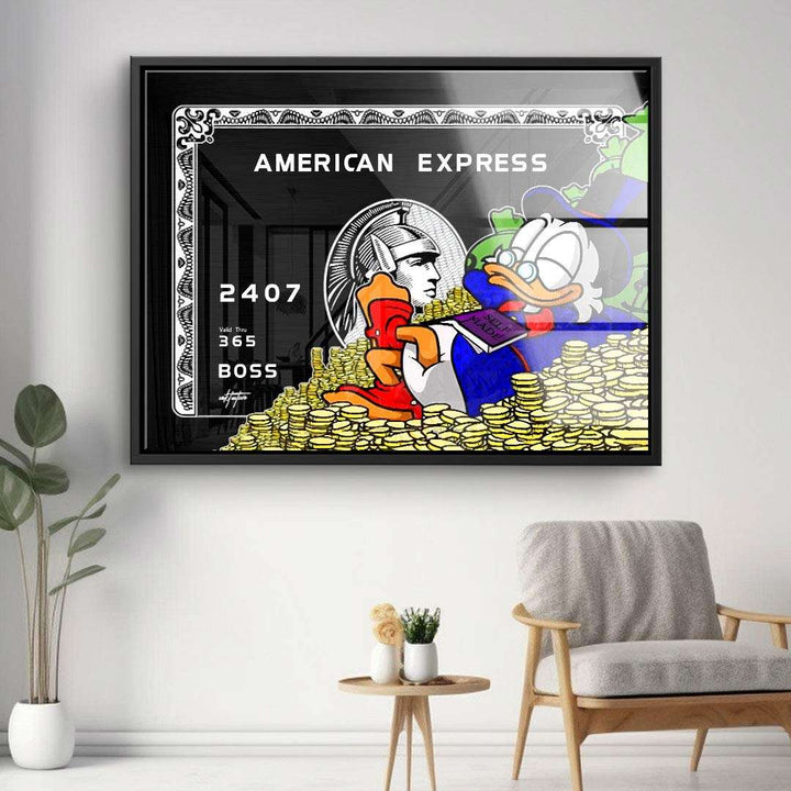 Pop Art Wandbild mit Cartoon-Ente, Geldmünzen und American Express Kartendesign