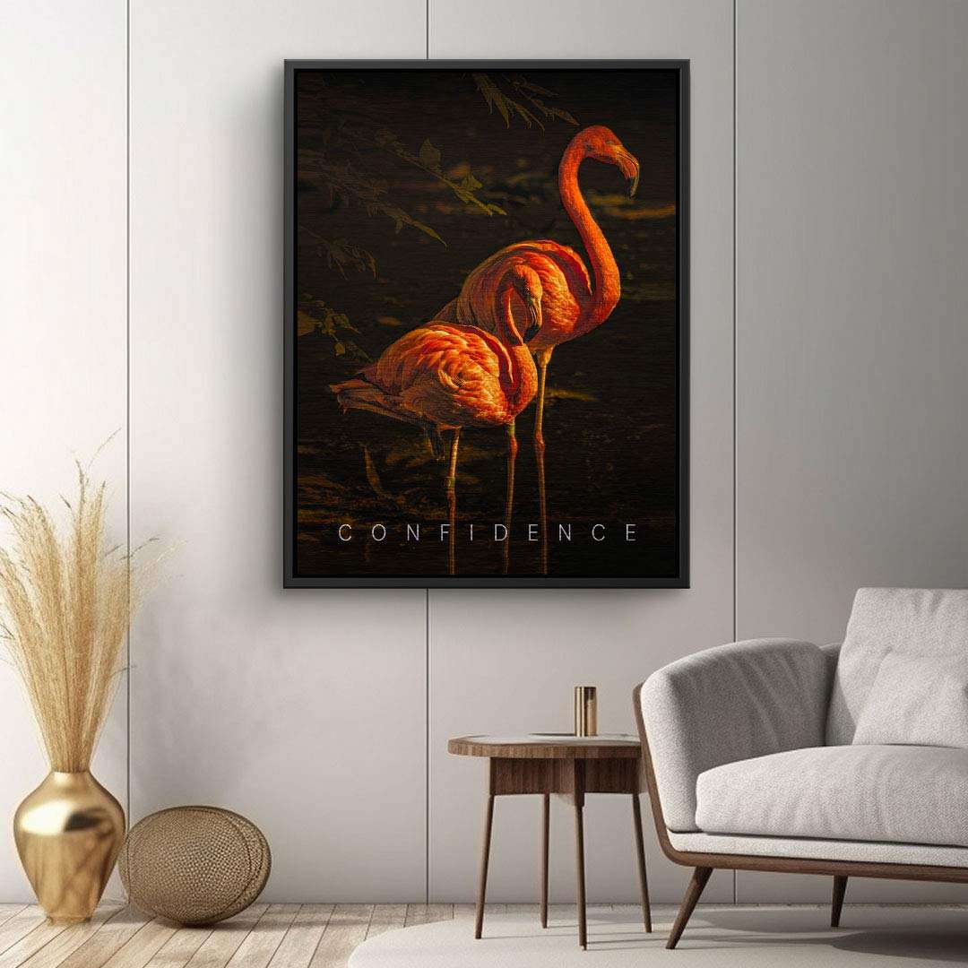 Modernes Wandbild mit zwei Flamingos und dem Motivationswort Confidence, Wohnzimmer Dekoration