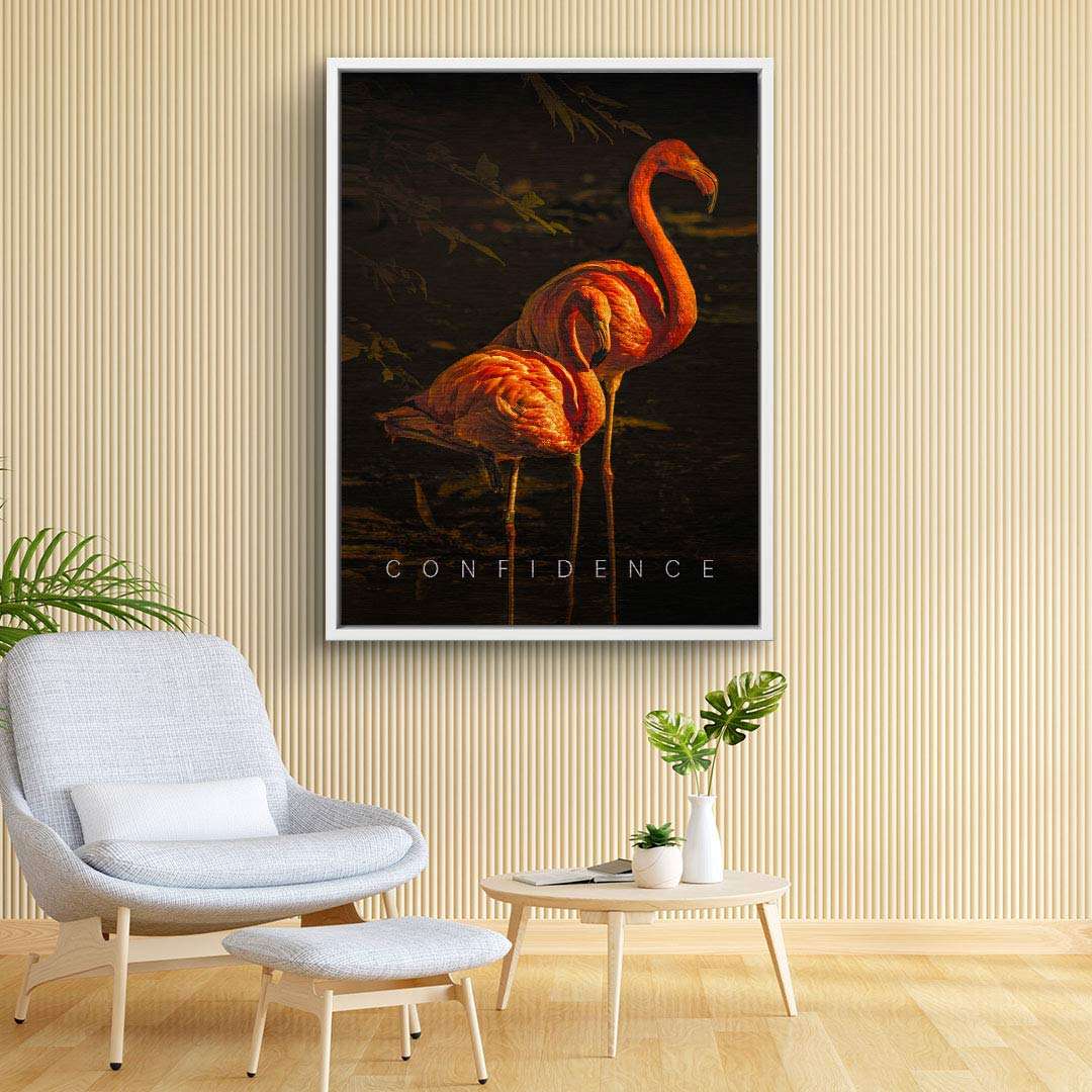 Wandbild mit zwei Flamingos und dem Schriftzug 'Confidence' in modernem Wohnzimmer