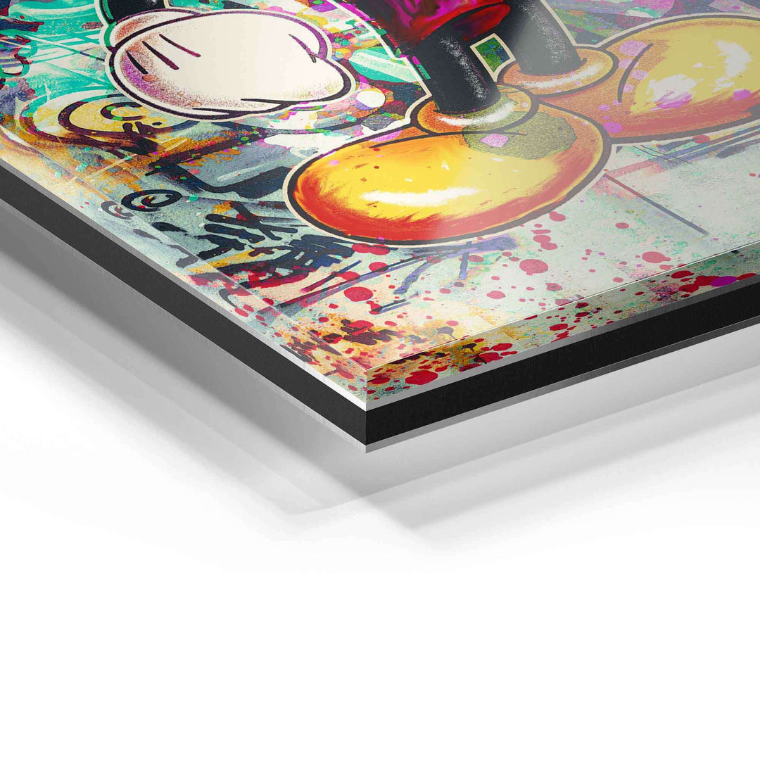 Detail eines Pop Art Wandbilds auf Acrylglas mit bunter Comicfigur und Graffiti-Elementen