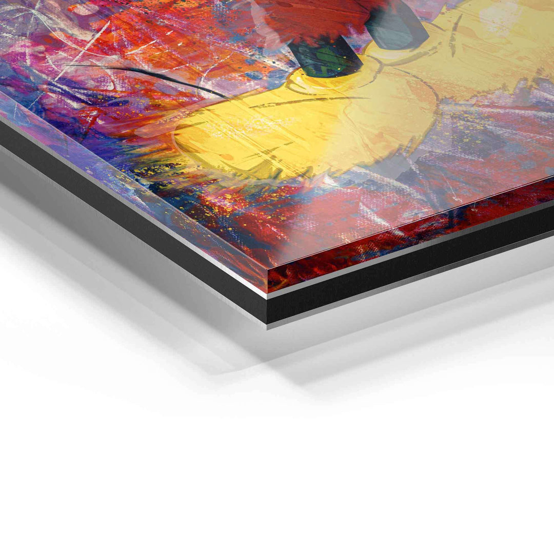 Detailaufnahme eines bunten Acrylglas-Wandbildes mit abstraktem Motiv und gelben Farbakzenten