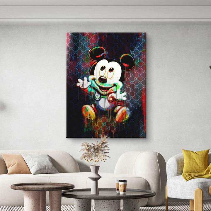 Modernes Wandbild mit Comic-Maus im Wohnzimmer, bunte Pop Art auf Leinwand