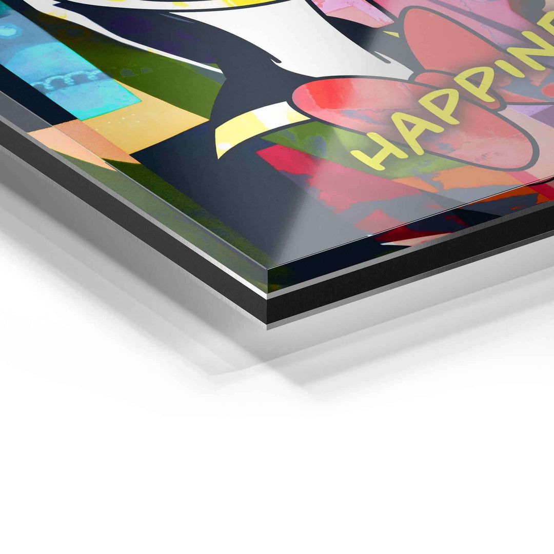 Detailansicht buntes Wandbild auf Acrylglas mit Text HAPPINESS und farbenfrohen Motiven
