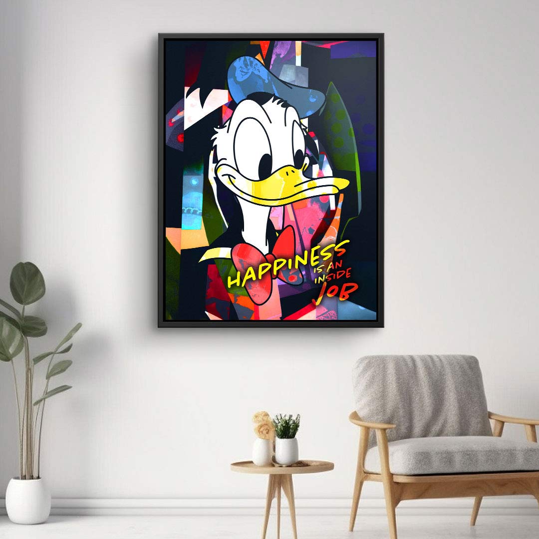 Modernes Pop Art Wandbild mit Comic-Ente und bunter Collage, Text: Happiness is an inside job