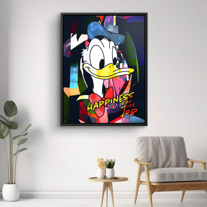 Modernes Pop Art Wandbild mit Comic-Ente und bunter Collage, Text: Happiness is an inside job