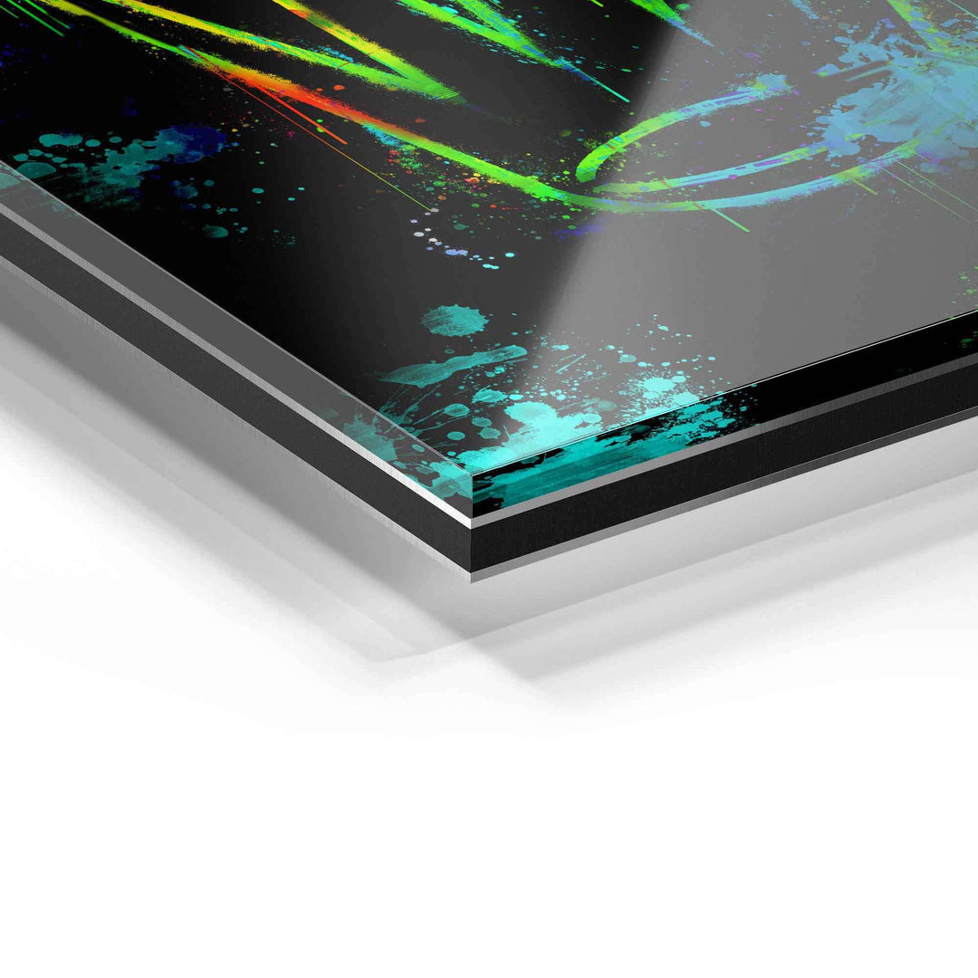 Detailaufnahme Acrylglas Wandbild mit bunten Farbklecksen auf schwarzem Hintergrund
