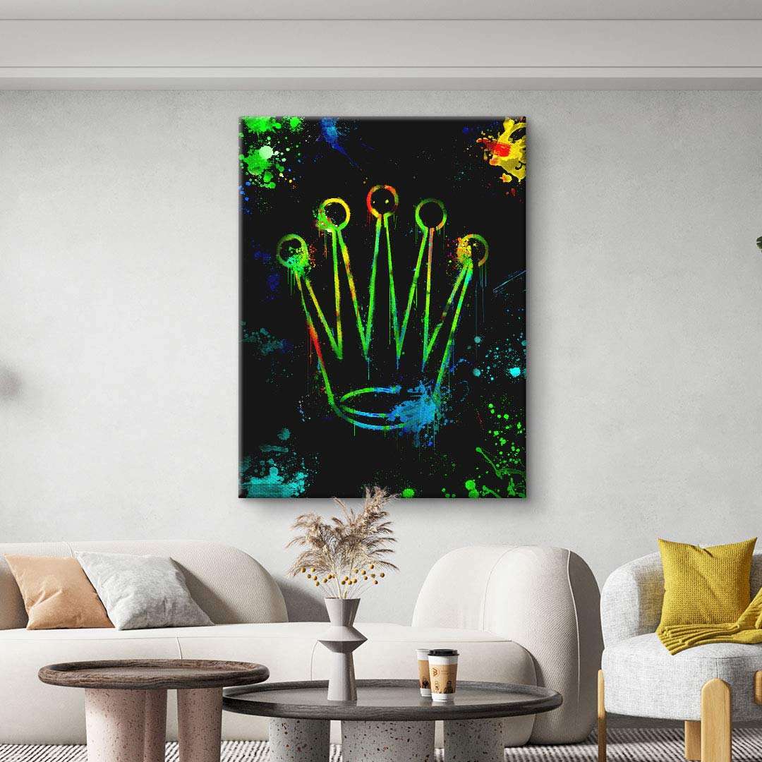 Modernes Wandbild mit bunter Krone auf schwarzem Hintergrund, Wohnzimmer Dekoration
