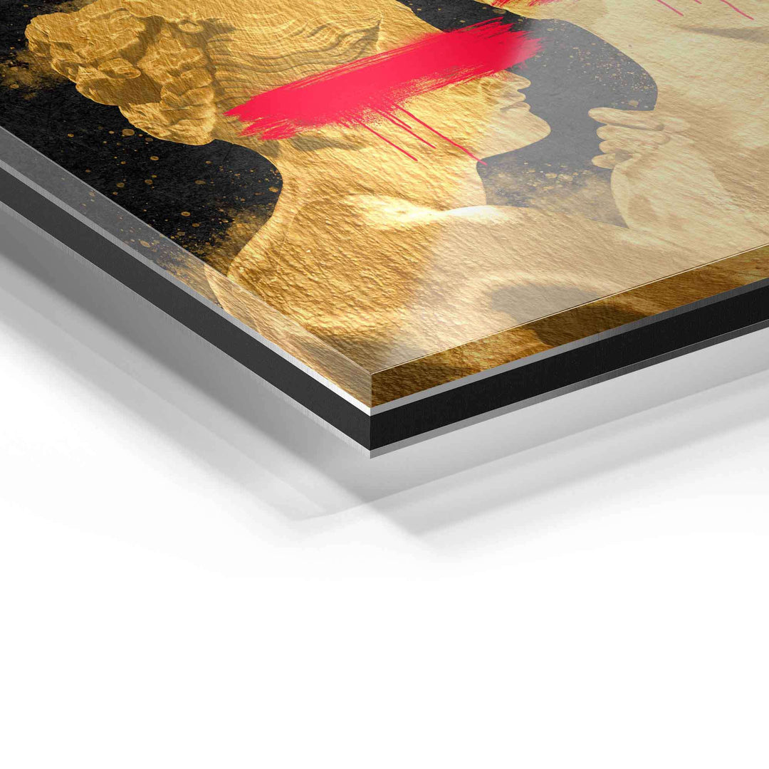 Detailansicht Acrylglas Wandbild mit goldener Büste und rotem Pinselstrich im modernen Stil