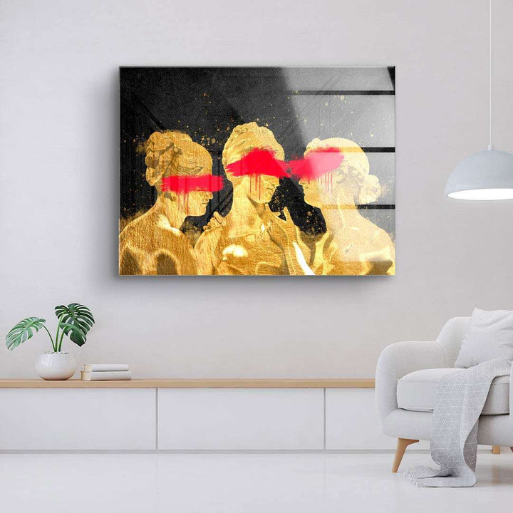Modernes Wandbild mit drei goldenen Frauenbüsten und pinken Balken über den Augen