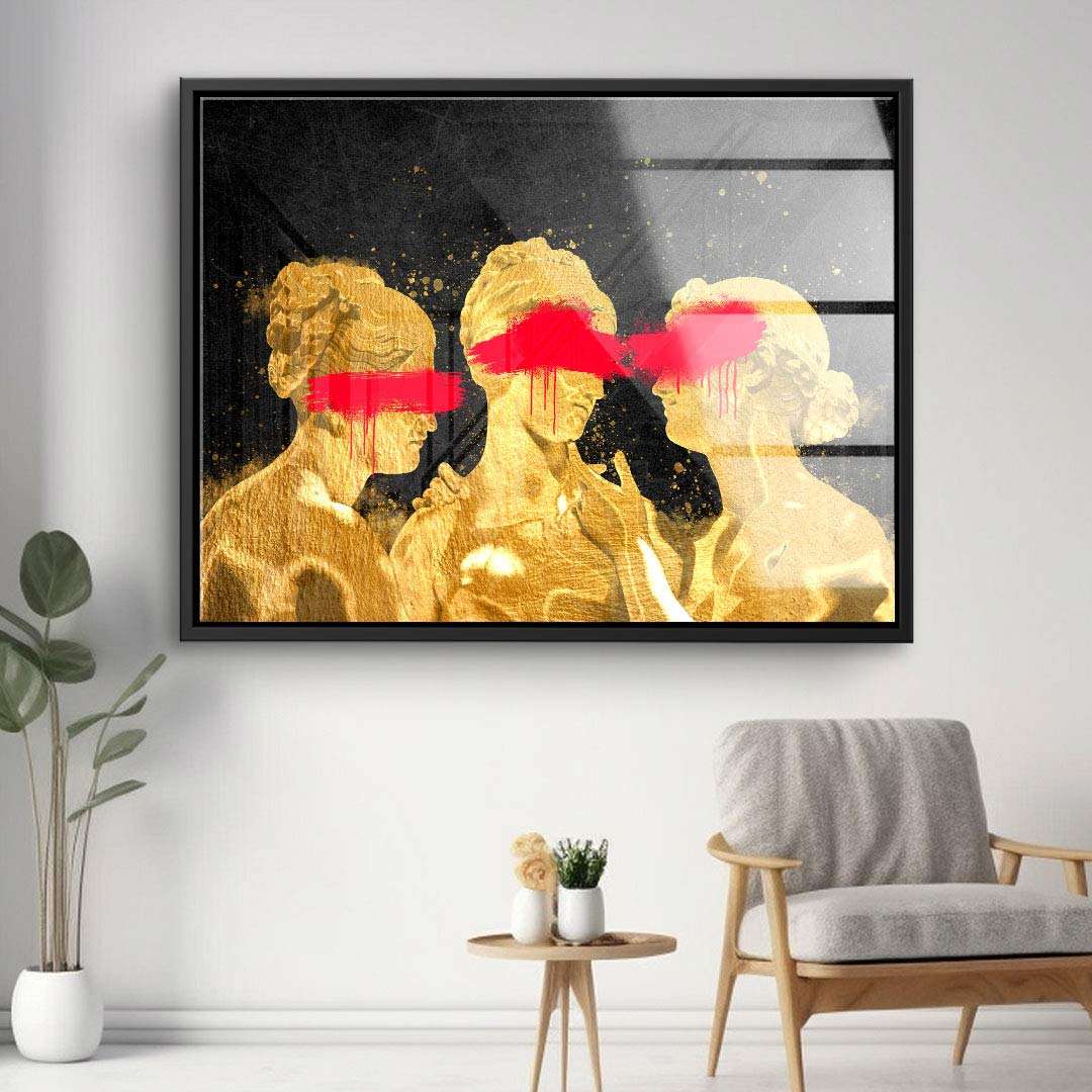 Modernes Wandbild mit drei goldenen Frauenfiguren und pinken Balken auf dunklem Hintergrund