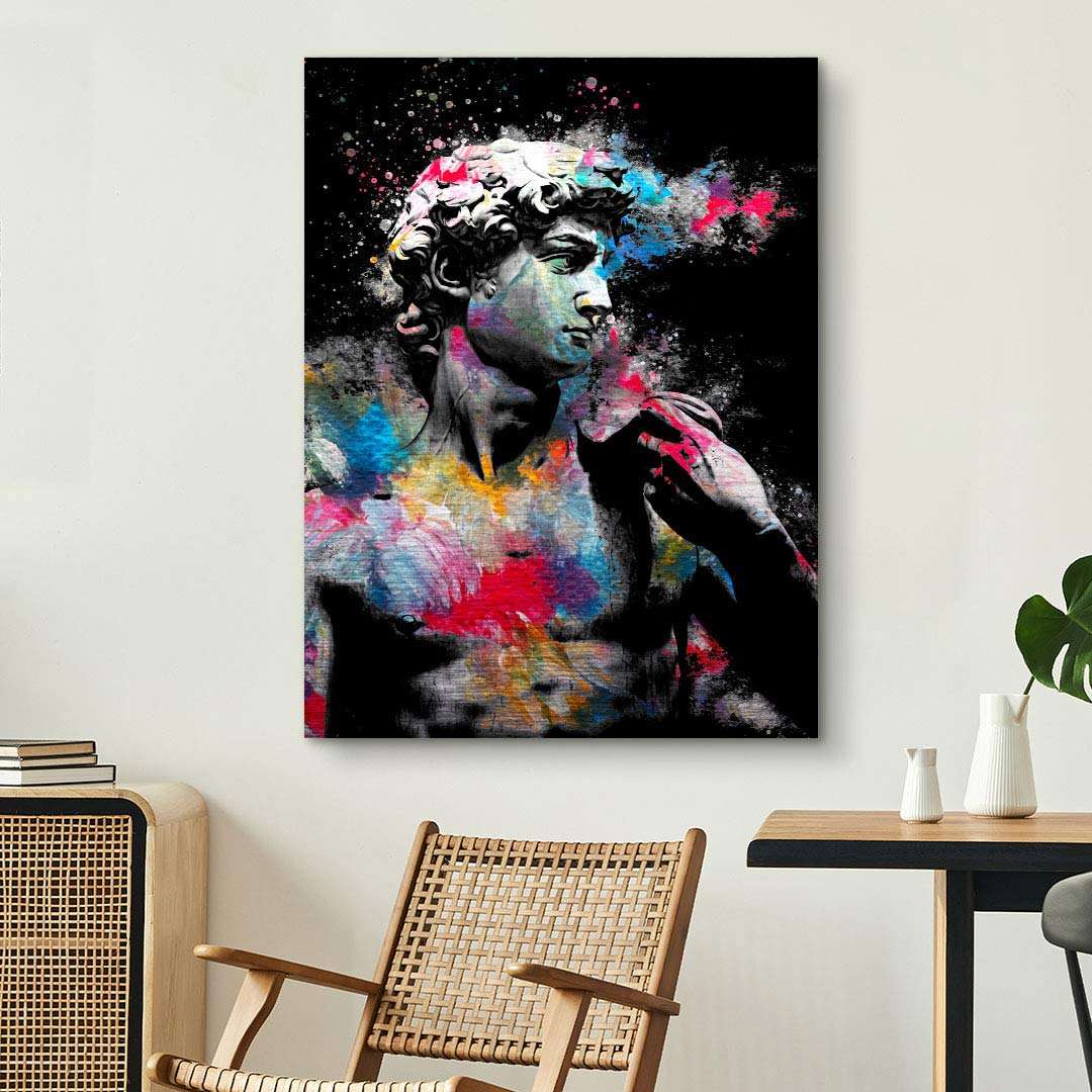 Modernes Wandbild mit David-Statue, bunte Farbspritzer, Pop Art, Wohnzimmerdeko