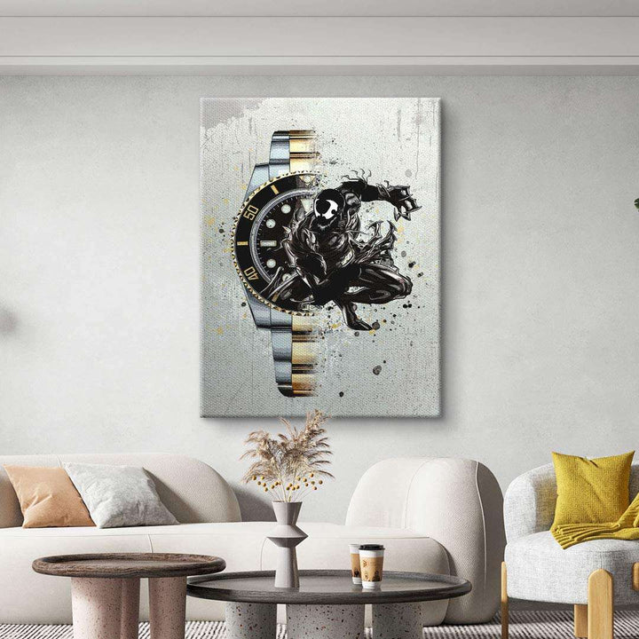 Leinwandbild mit schwarzer Comic-Figur vor Luxusuhr im modernen Wohnzimmer, Pop Art Stil