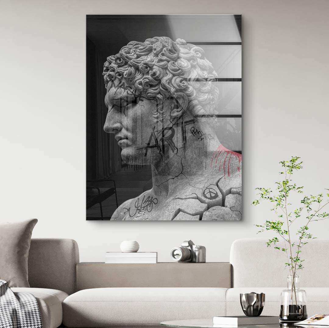Modernes Wandbild mit antiker Skulptur und Graffiti im Wohnzimmer, Leinwand Kunst