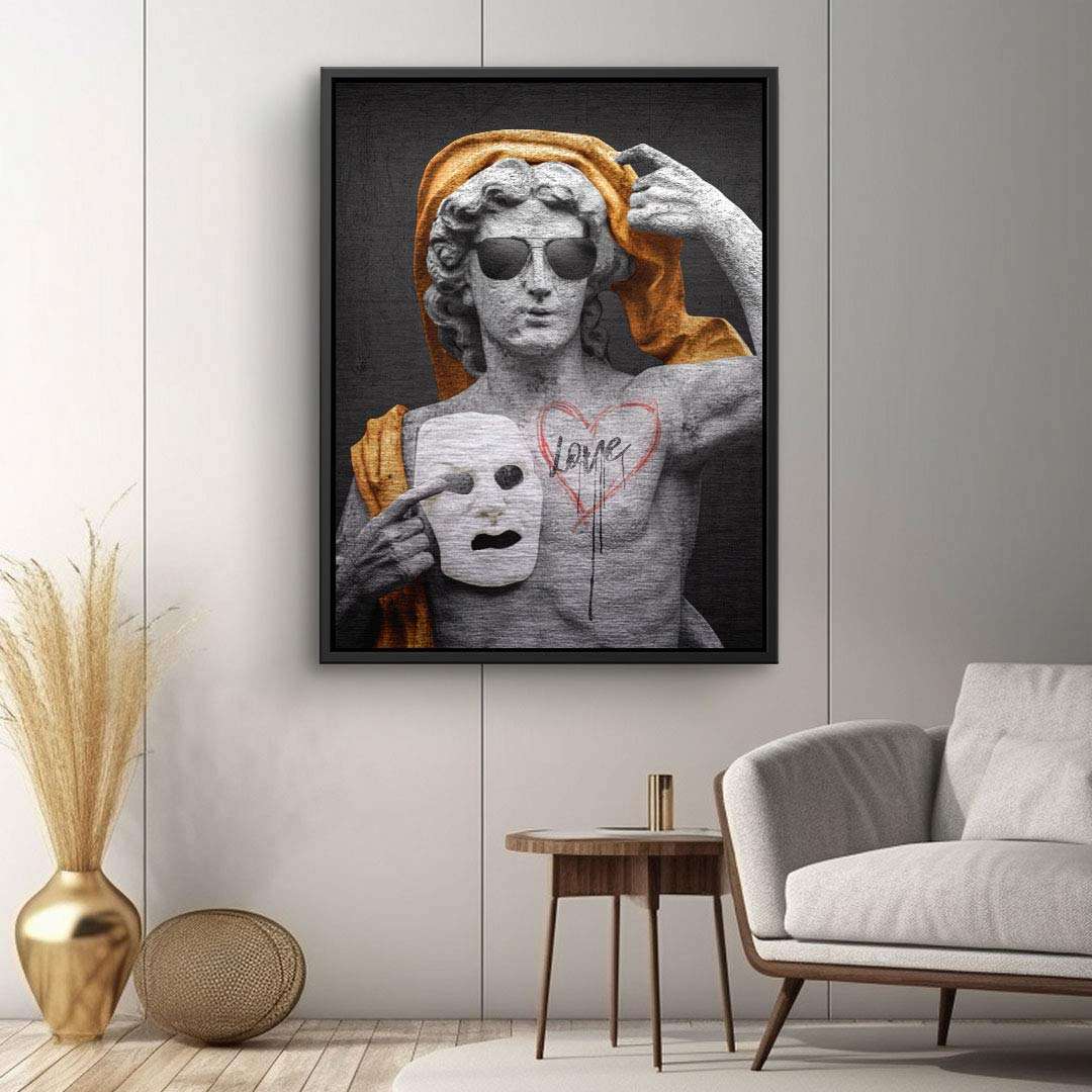 Modernes Wandbild mit antiker Statue, Sonnenbrille, Maske und Herz mit Love-Schriftzug