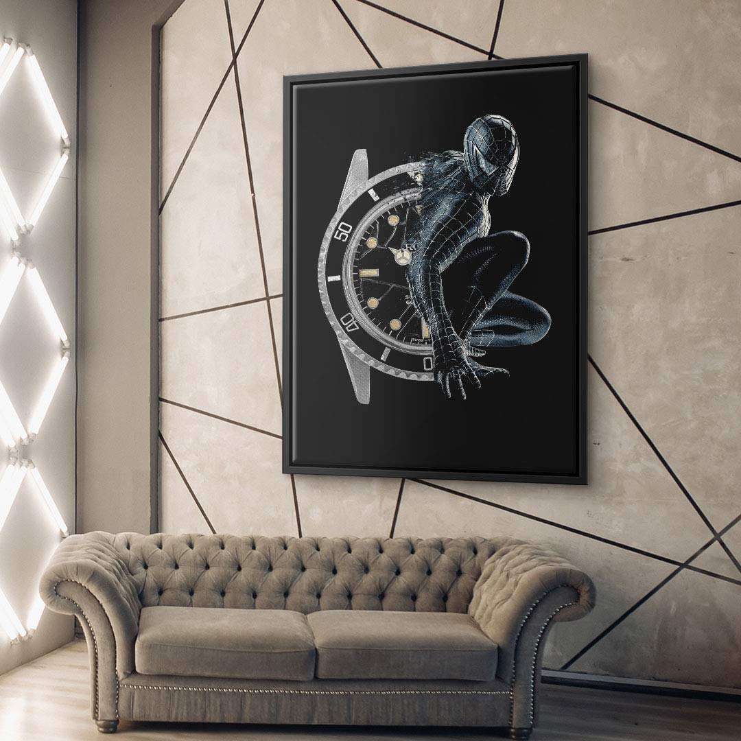 Modernes Wandbild mit Comic-Superheld vor einer stilisierten Armbanduhr über einer Couch