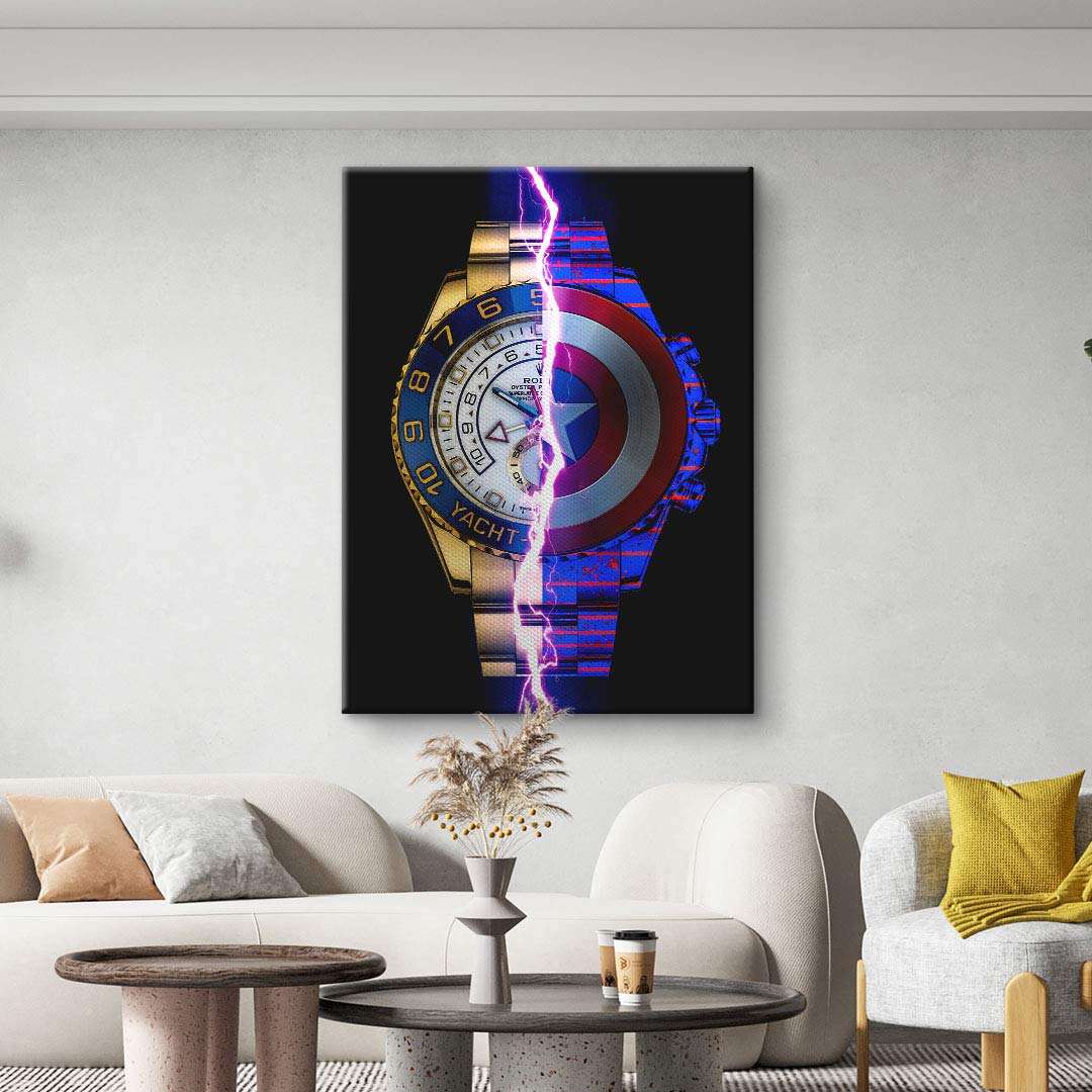Modernes Wandbild mit geteiltem Motiv aus Luxusuhr und Captain America Schild, Blitz in der Mitte.