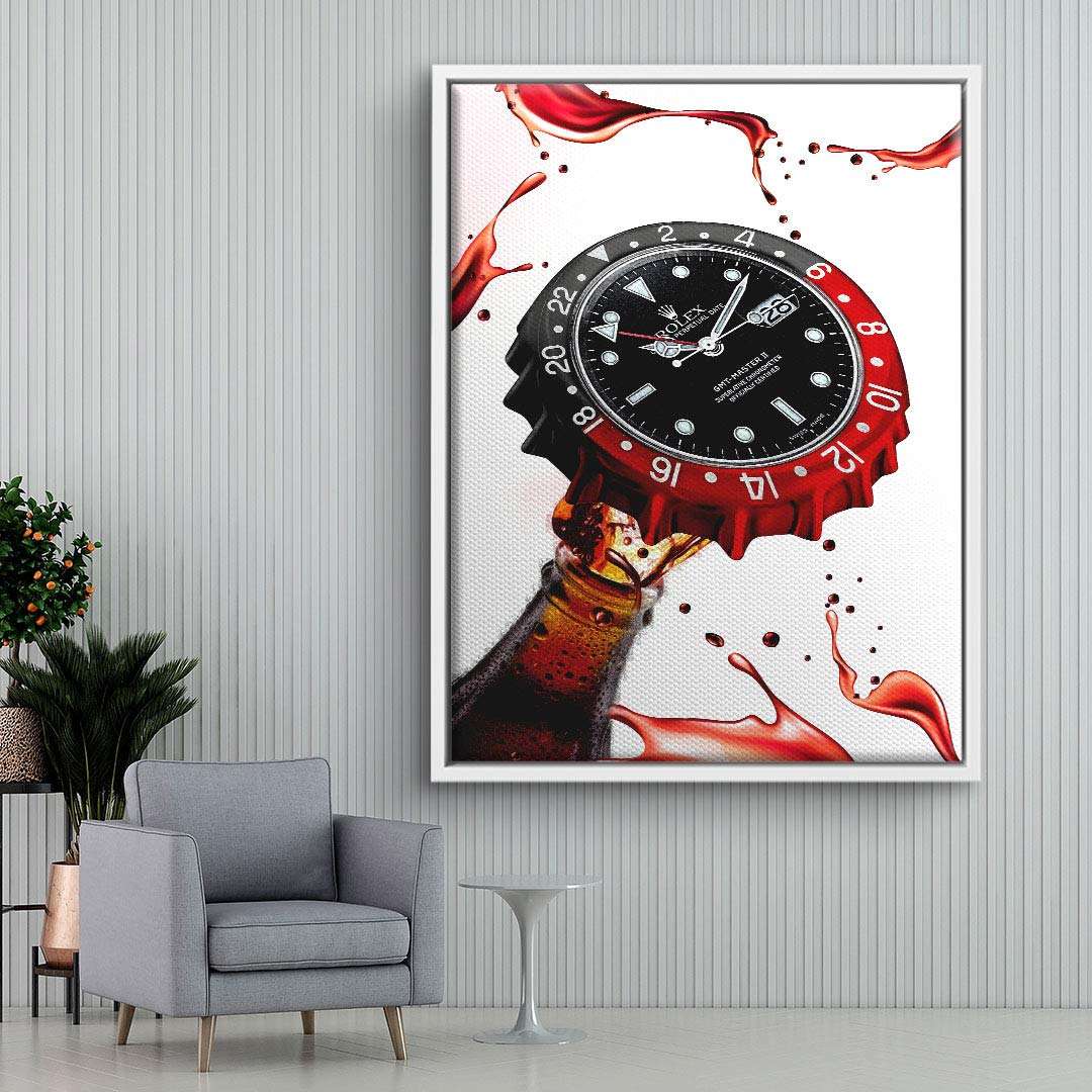 Modernes Wandbild mit Armbanduhr als Kronkorken auf geöffneter Flasche, spritzende Flüssigkeit.