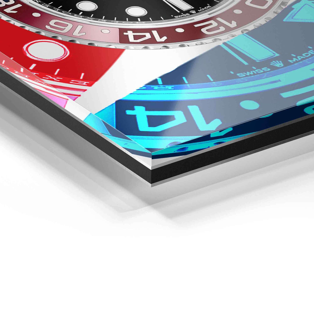 Detailansicht modernes Wandbild auf Acrylglas mit farbigem Uhr-Design und glänzender Oberfläche