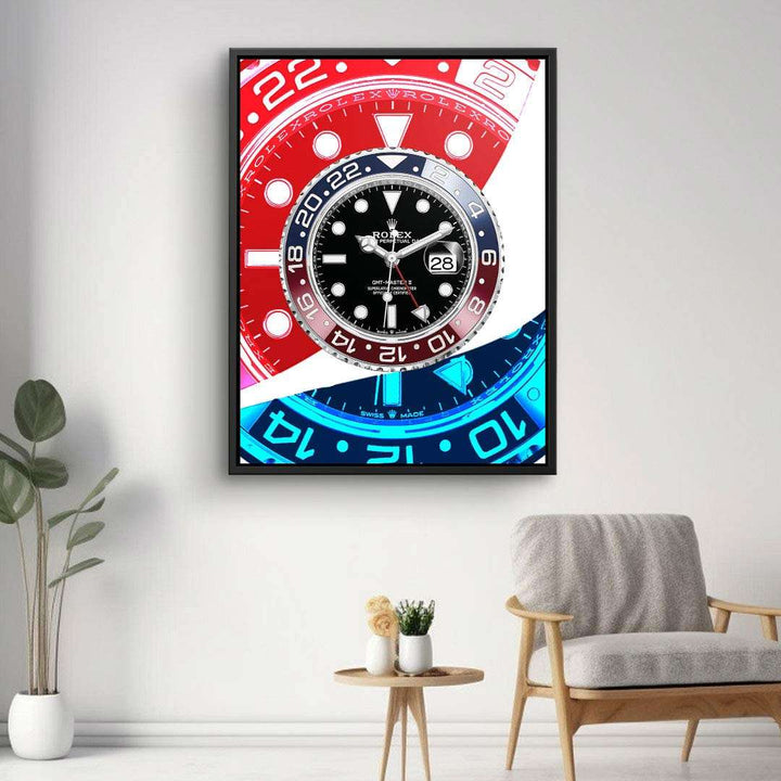 Modernes Wandbild mit bunter, stilisierter Uhr in Rot, Blau und Schwarz im Wohnzimmer