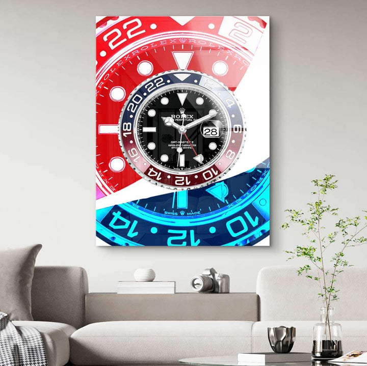 Modernes Wandbild mit farbigem Uhrendesign in Rot und Blau, dekorativ im Wohnzimmer