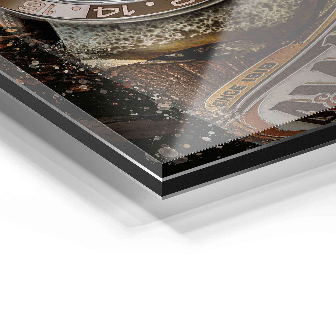 Detailaufnahme eines Wandbildes auf Acrylglas mit modernen Kunstmotiven und glänzender Oberfläche