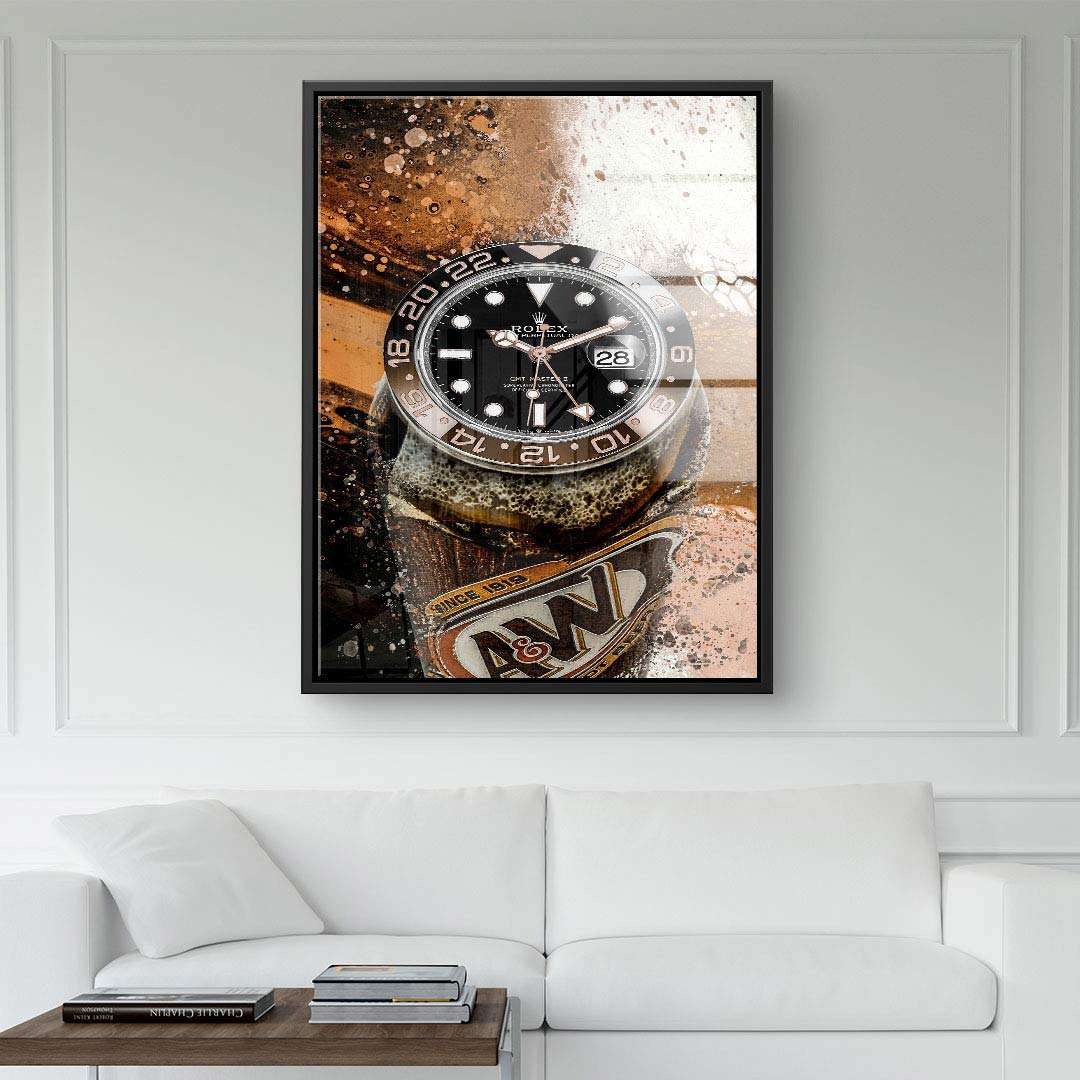 Modernes Wandbild mit Uhr und spritzender A&W Flasche, Kunst für Wohnzimmer, Pop Art Stil