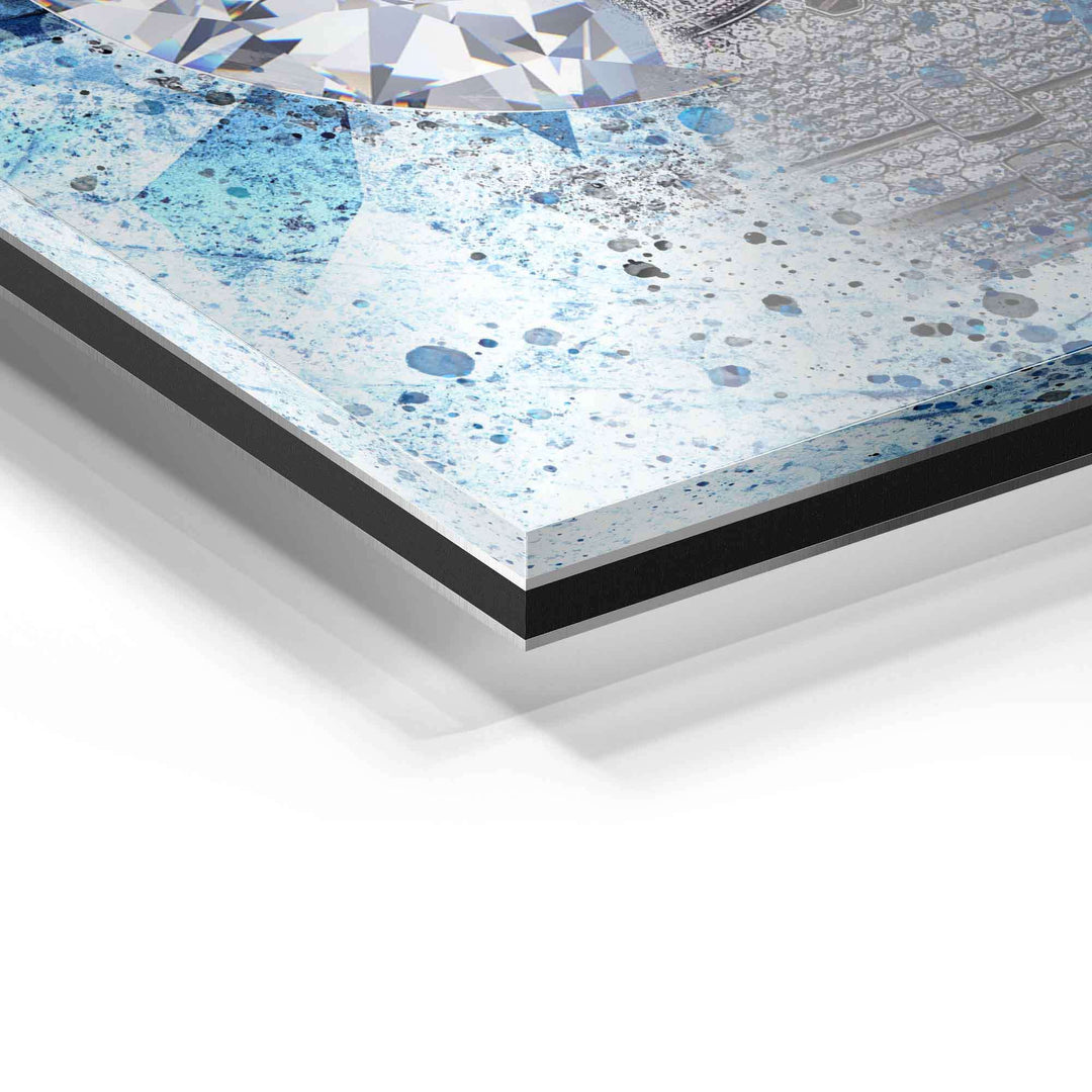 Detailaufnahme eines Acrylglas-Wandbilds mit abstrakten, blauen und weißen Mustern